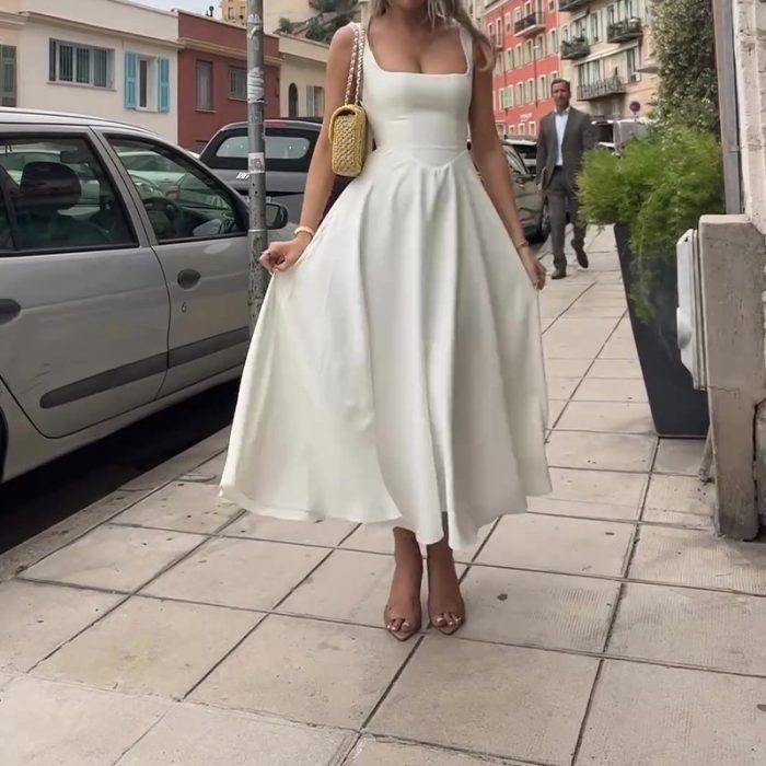 French Square Collar Spaghetti Straps Sleeveless Dress