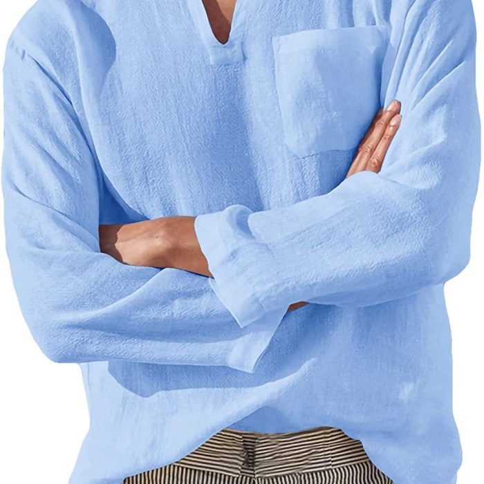 Long Sleeve V-neck Casual Beach Linen Shirt