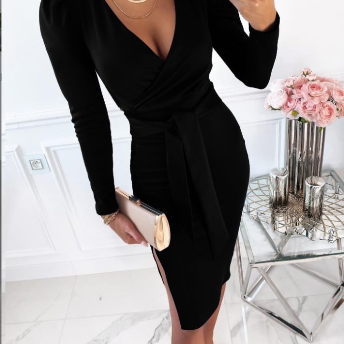 V-neck Sexy Temperament Commuter Strap Solid Color Dress Women