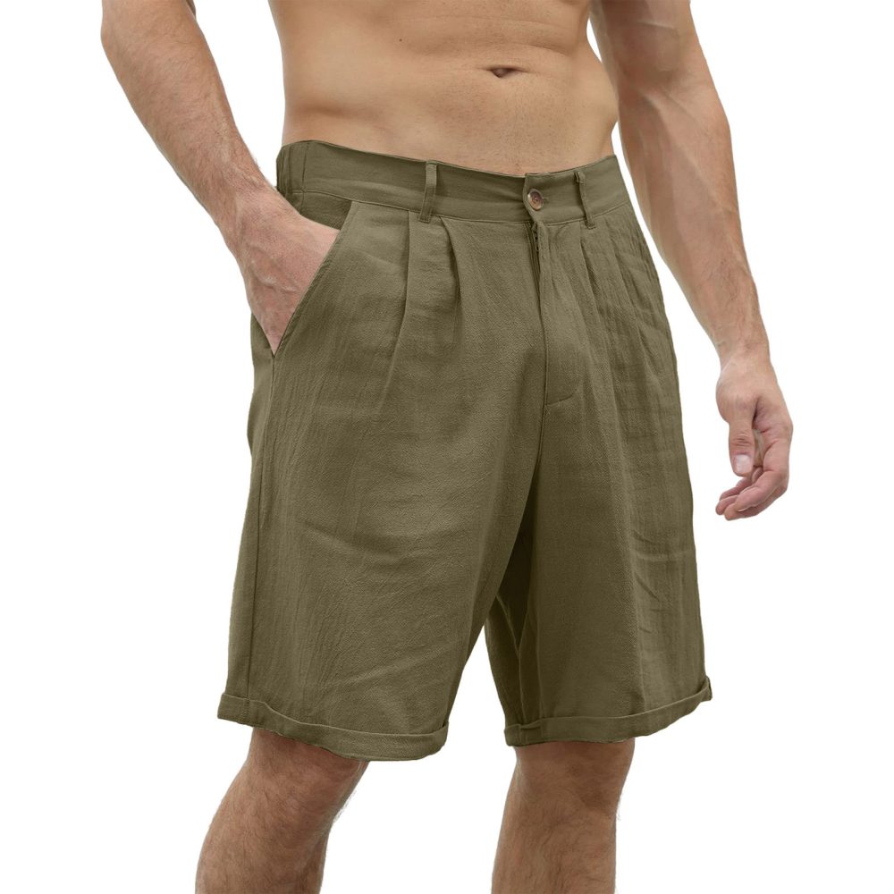 Men's Cotton And Linen Casual Beach Button Stretch Shorts - Image 8