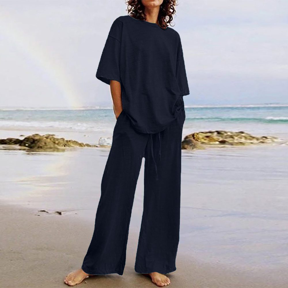 Cotton And Linen Home Solid Color Two-piece Suit - Image 10