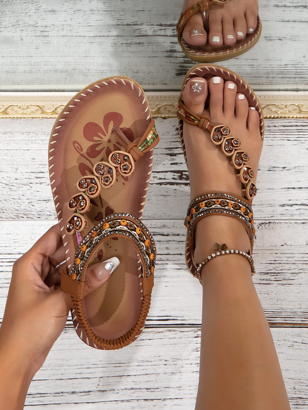 Bohemian Thong Sandals Summer Fashion Flowers Flat Beach Shoes For Women - Image 7