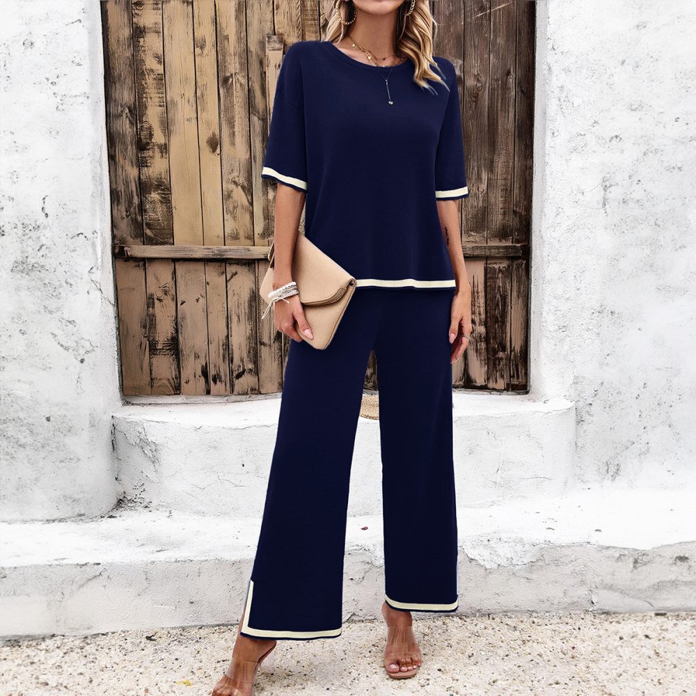 2Pcs Black Striped Knitted Suit Summer Casual Temperament Split Short-sleeved Top And Loose Straight Trousers Womens Clothing - Image 7
