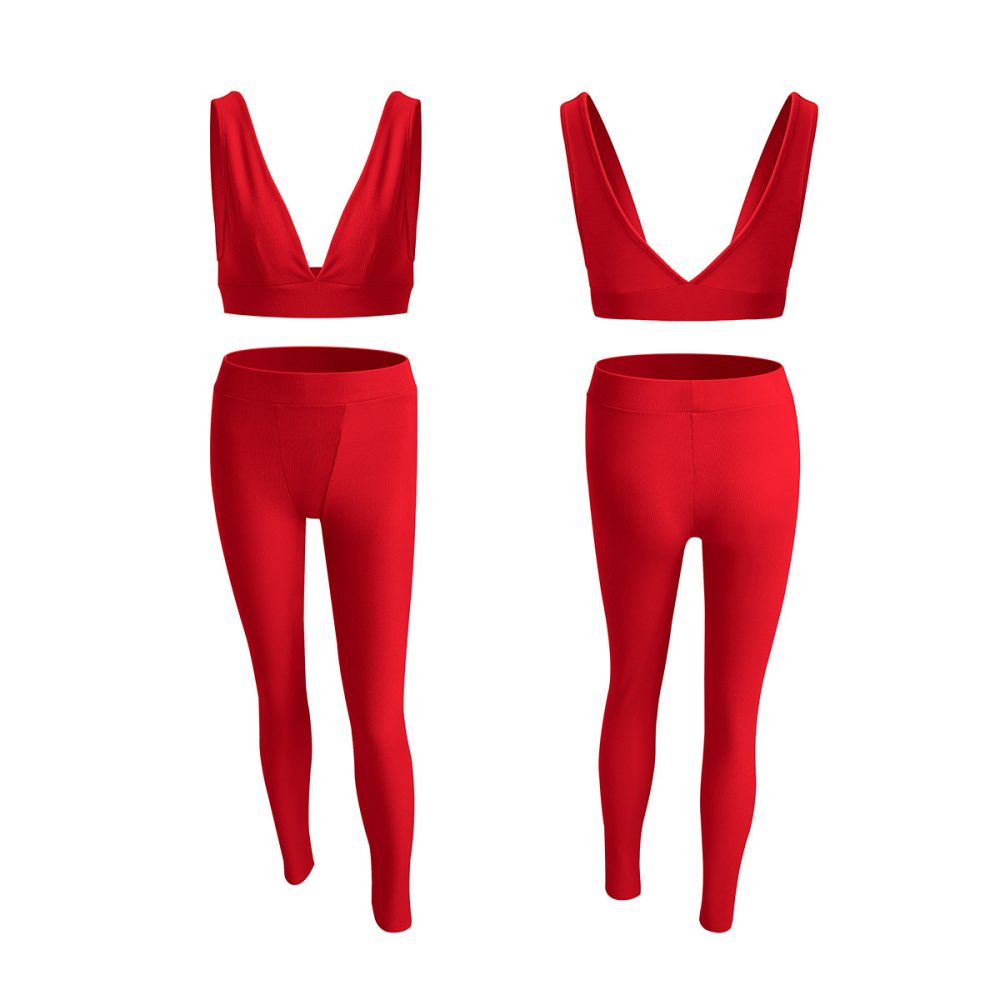 Women's V-neck Sports Yoga Cotton Solid Color Two-piece Set - Image 3