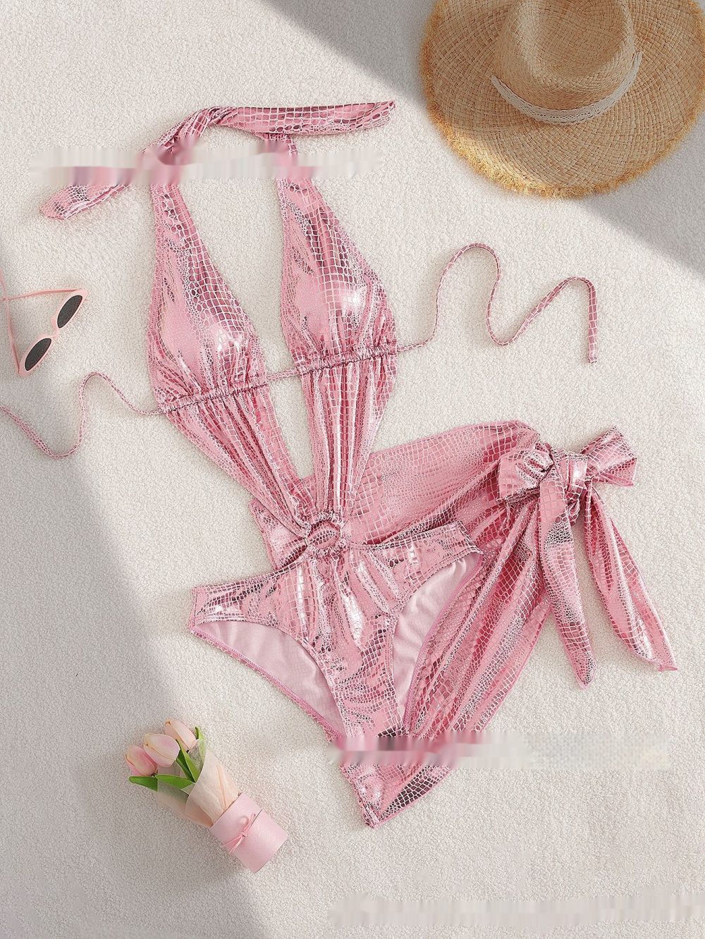 Beach Hot Spring Serpentine V-neck One Piece Swimsuit Lace-up - Image 3