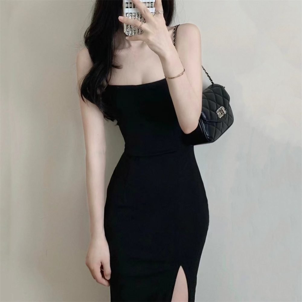 Young Hot Girl Pure Desire Style Design Sense Adult Lady Like Woman Black Slit Hip Dress - Image 3