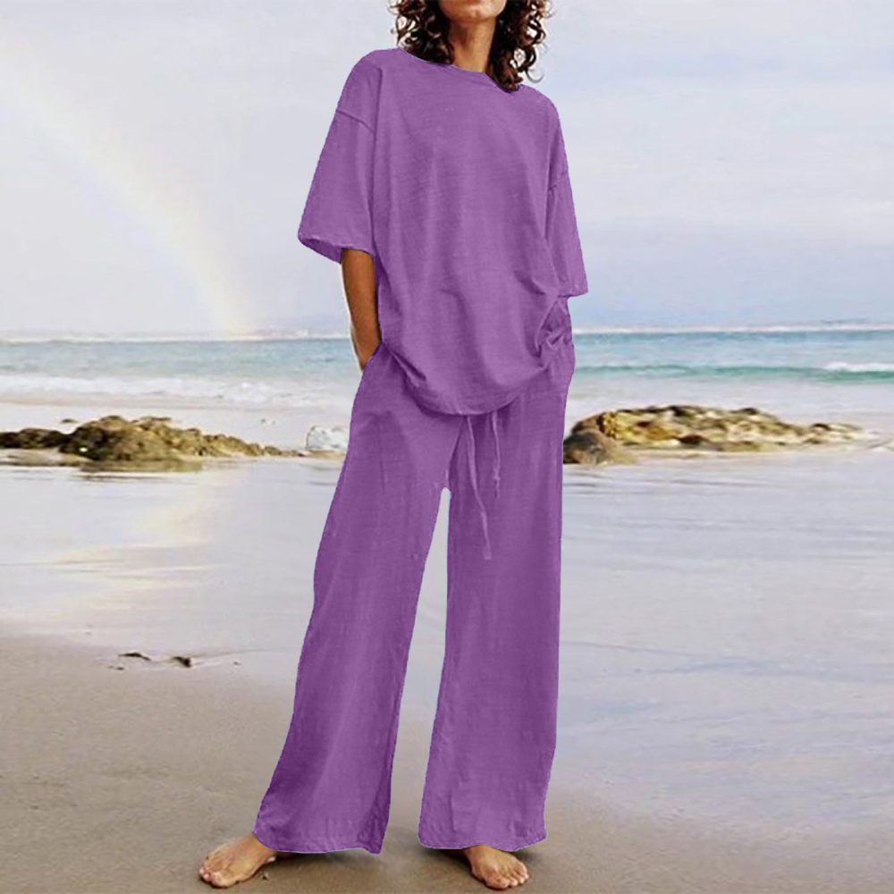 Cotton And Linen Home Solid Color Two-piece Suit - Image 2