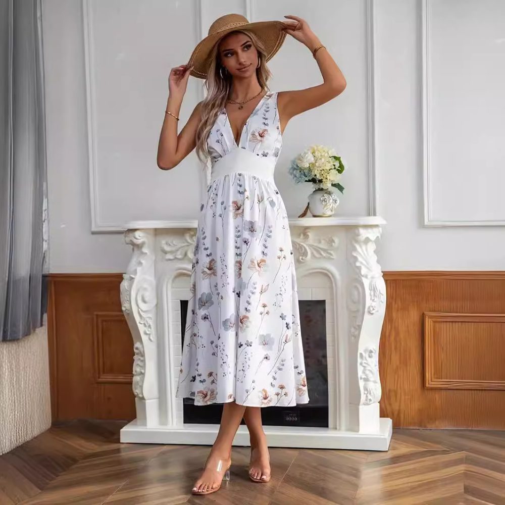 Women's Summer New V-neck High Waist Sleeveless Printed Vest Dress - Image 2