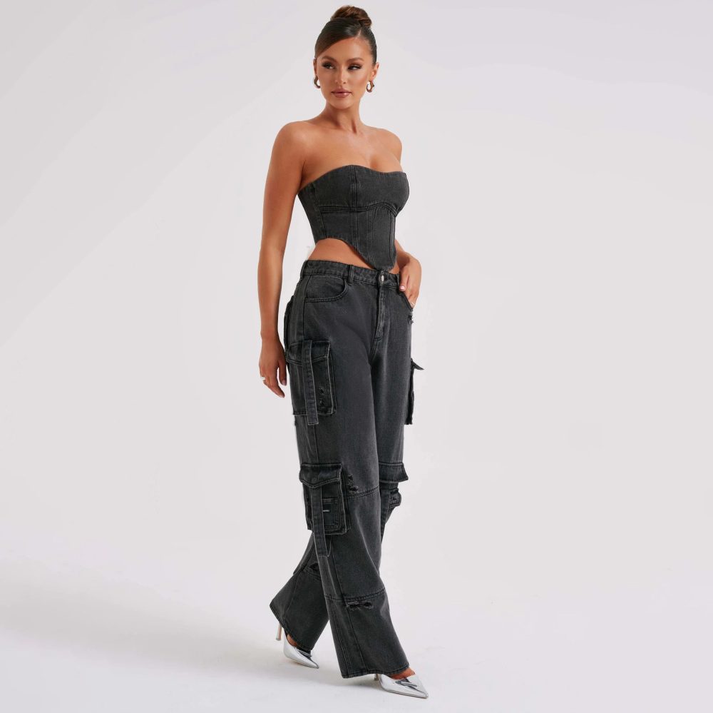 2Pcs Denim Suits Summer Sexy Backless Tube Top And Multi-pocket Straight Trousers Fashion Long Pants Suit Womens Clothing - Image 6