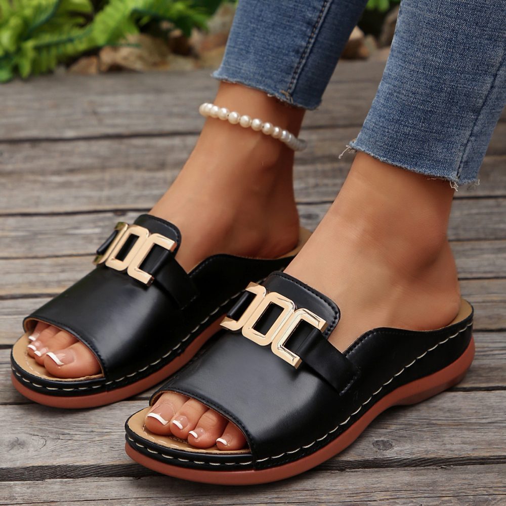 Ins Chain Wedges Sandals Summer Fashion Platform Peep-toed Slides Slippers Outdoor Thick Bottom Roman Shoes For Women - Image 2
