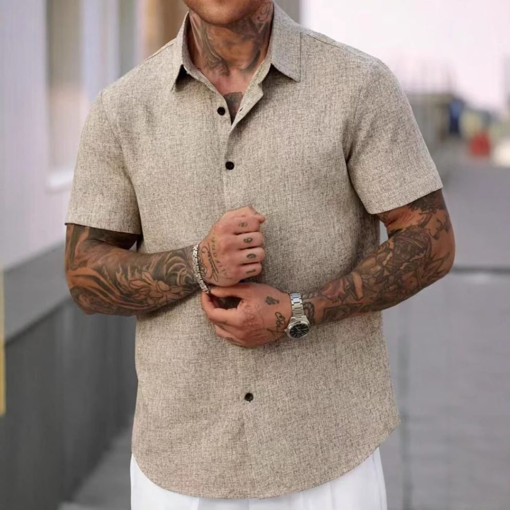 Men's Lapel Cotton And Linen Stripes Jacquard Loose Casual Shirt - Image 3
