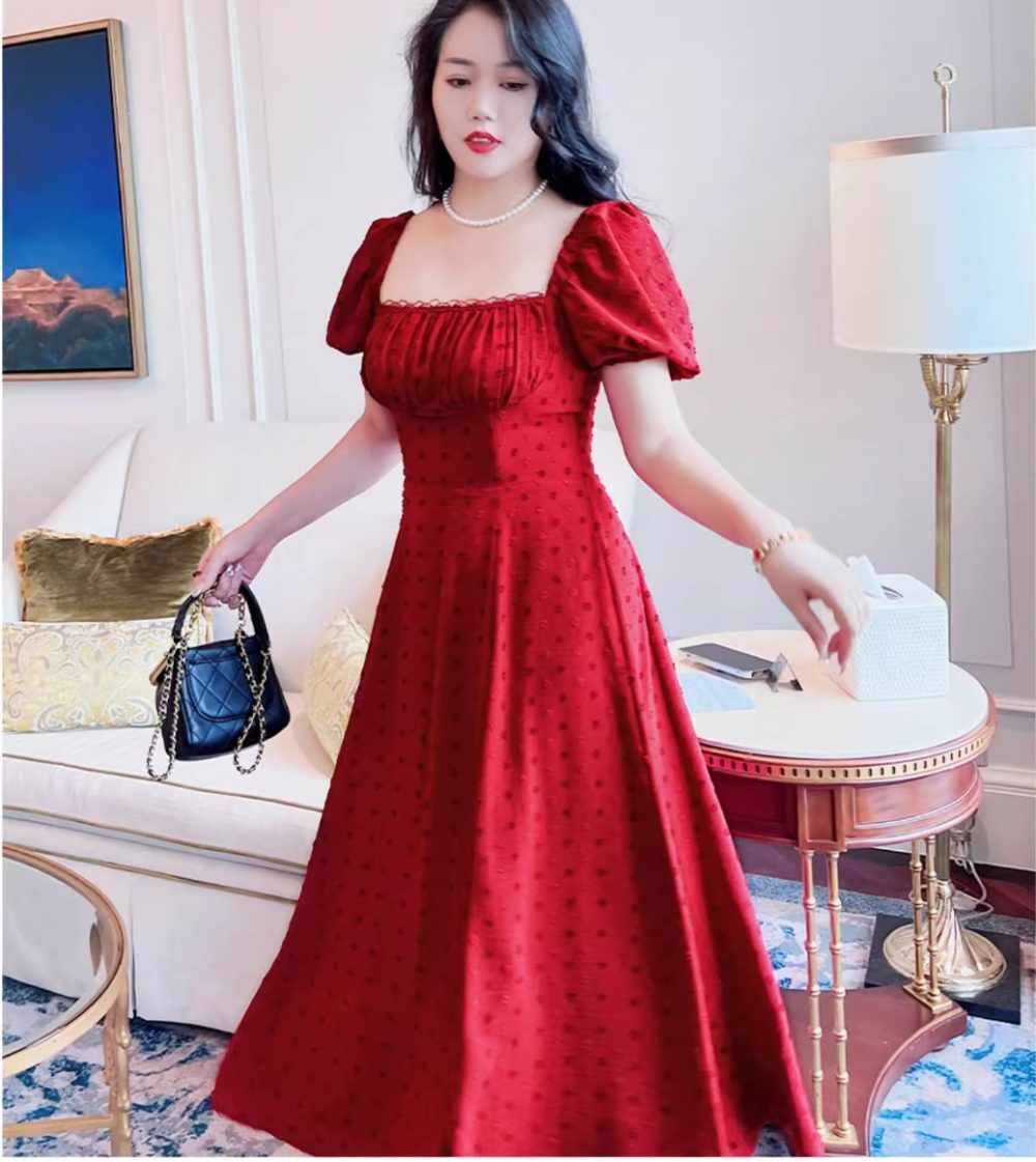 Plus Size Retro Square Collar Fishbone Dress - Image 8