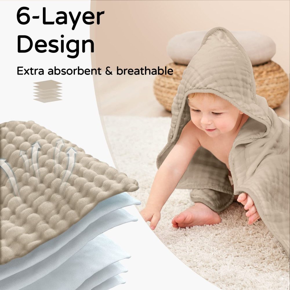 Hooded Baby Towels For Newborn Muslin Cotton Baby Bath Towel With Hood For Babies, Infant, Toddler And Kids, Large 90x90cm, Soft And Absorbent Newborn Essential - Image 2
