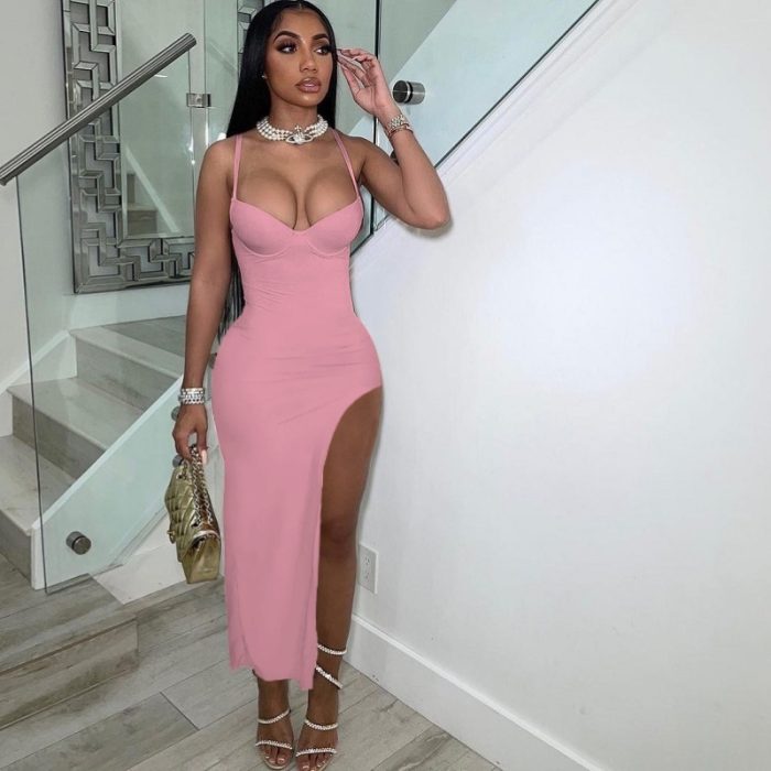 Sexy Sling Solid Color Slim Fit Slit Dress Women