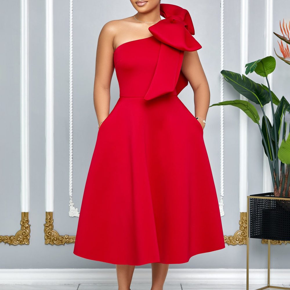 New Fashion Oblique Shoulder Bow Party Dress Big Swing African Dress - Image 3