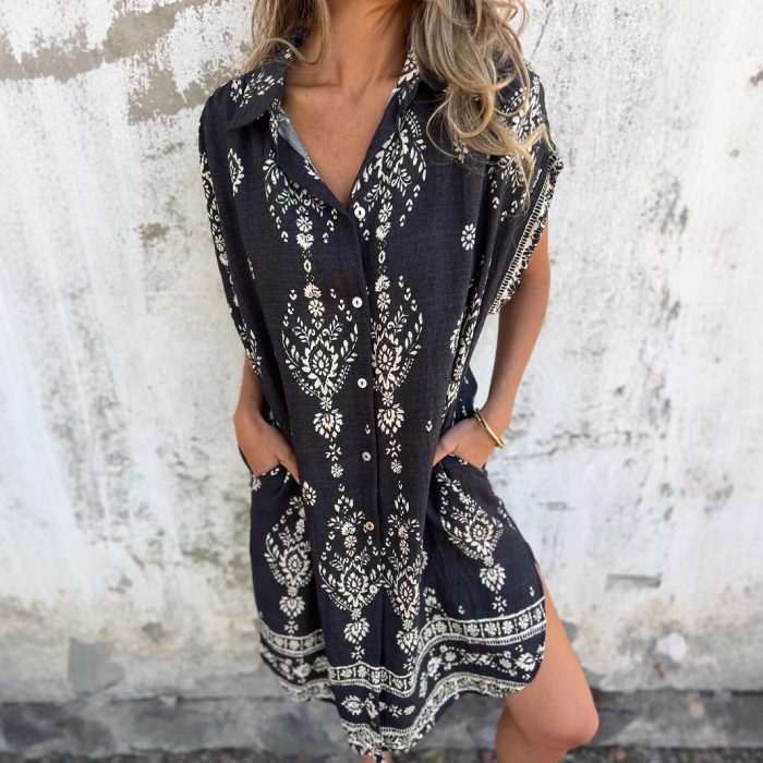 Loose Lapel Sleeveless Shirt Dress With Button Fashion Ethnic-style Printed Button Dresses For Beach