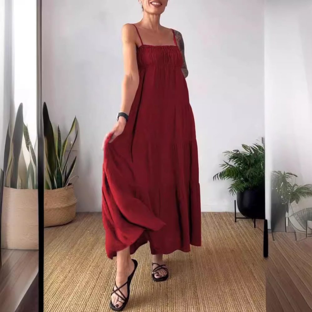 Women's Solid Color Casual Chest Wrap Pleated Suspender Dress - Image 9