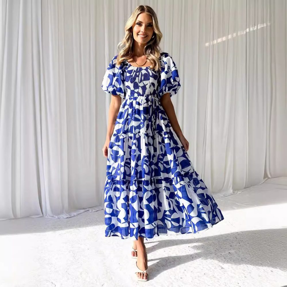 Elegant Floral-print Off-shoulder Puff Sleeve Fashion European And American Style Dress - Image 2