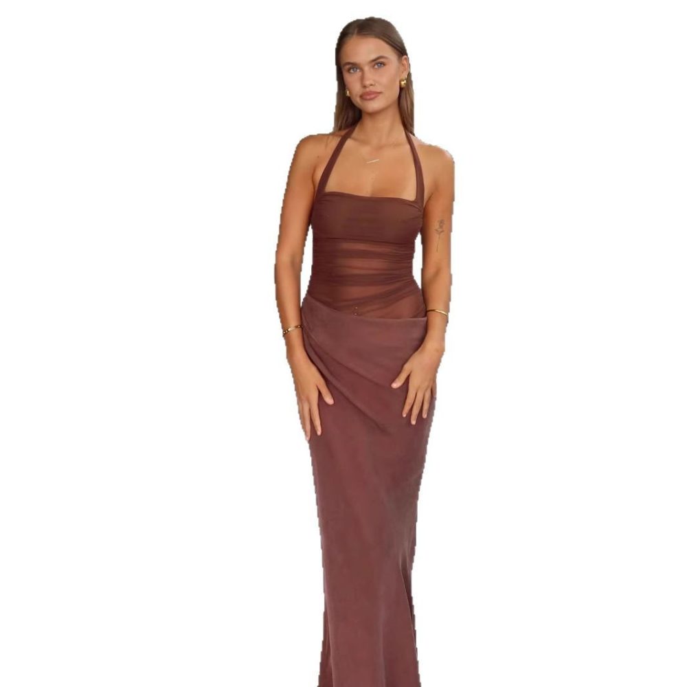 Hot Girl Sexy Mesh Stitching Halter Dress Women - Image 5