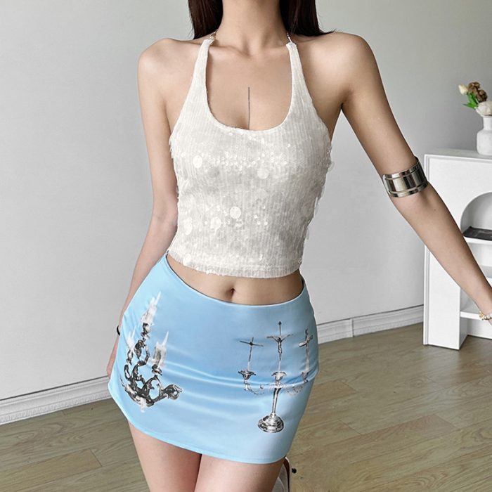 Solid Color Sleeveless Halter Sequins Cropped Tank Top Women